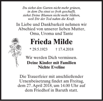 Traueranzeige von Frieda Milde von MAZ-Trauer.de