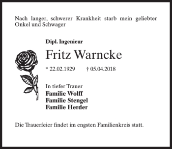 Traueranzeige von Fritz Warncke von MAZ-Trauer.de