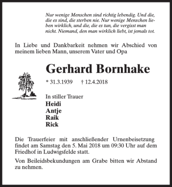 Traueranzeige von Gerhard Bornhake von MAZ-Trauer.de