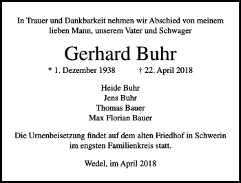 Traueranzeige von Gerhard Buhr von Lübecker Nachrichten