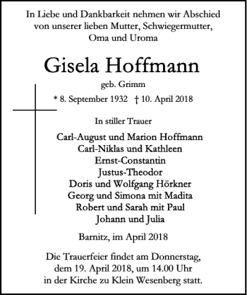 Traueranzeige von Gisela Hoffmann von Lübecker Nachrichten