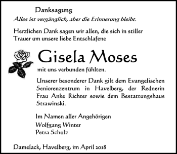 Traueranzeige von Gisela Moses von MAZ-Trauer.de