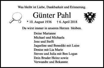 Traueranzeige von Günter Pahl von Lübecker Nachrichten