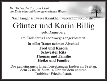 Traueranzeige von Günter Und Karin Billig von MAZ-Trauer.de