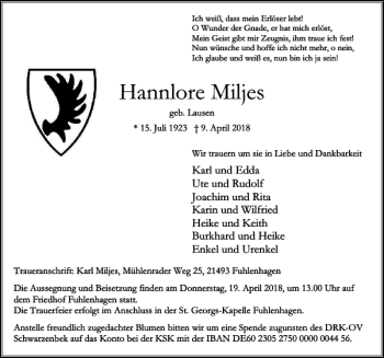 Traueranzeige von Hannlore Miljes von Lübecker Nachrichten