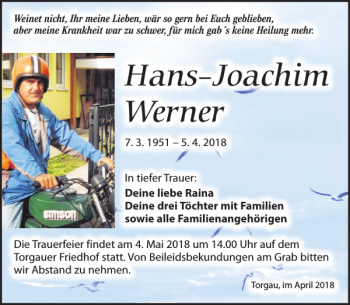 Traueranzeige von Hans-Joachim Werner von Torgauer Zeitung
