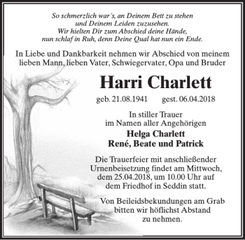 Traueranzeige von Harri Charlett von MAZ-Trauer.de