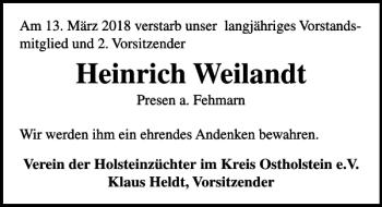 Traueranzeige von Heinrich Weilandt von Lübecker Nachrichten