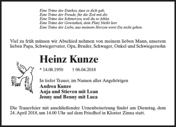 Traueranzeige von Heinz Kunze von MAZ-Trauer.de
