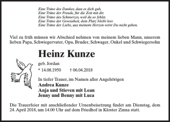 Traueranzeige von Heinz Kunze von MAZ-Trauer.de
