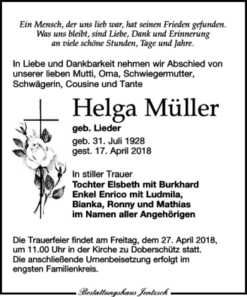Traueranzeige von Helga Müller von Torgauer Zeitung