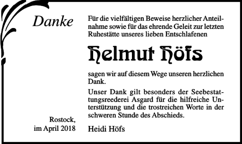  Traueranzeige für Helmut Höfs vom 21.04.2018 aus Ostsee-Zeitung
