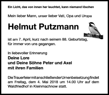 Traueranzeige von Helmut Putzmann von MAZ-Trauer.de