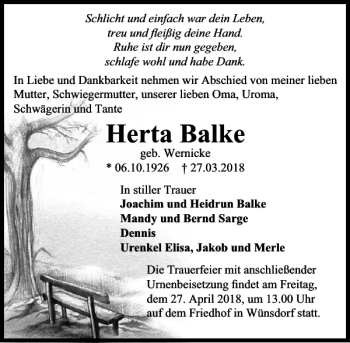Traueranzeige von Herta Balke von MAZ-Trauer.de