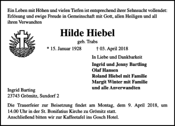 Traueranzeige von Hilde Hiebel von Lübecker Nachrichten