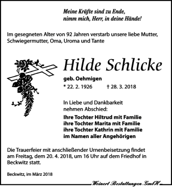 Traueranzeige von Hilde Schlicke von Torgauer Zeitung