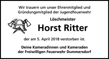 Traueranzeige von Horst Ritter von Lübecker Nachrichten