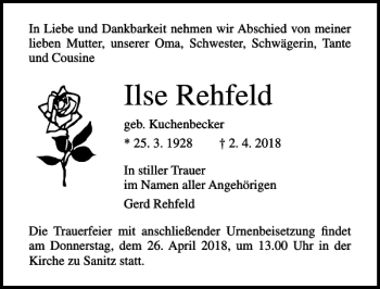 Traueranzeige von Ilse Rehfeld von Ostsee-Zeitung