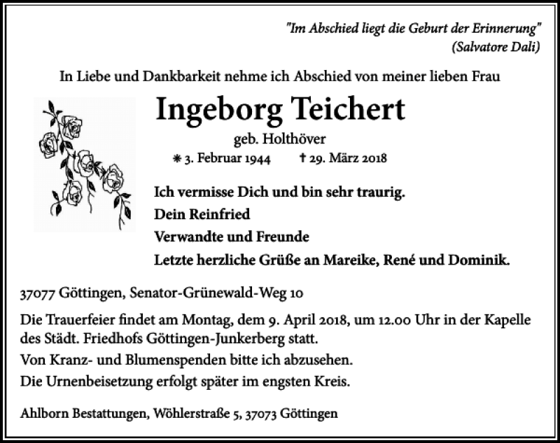  Traueranzeige für Ingeborg Teichert vom 04.04.2018 aus Göttinger Tageblatt