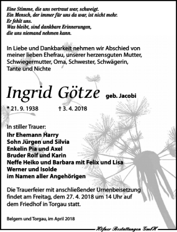 Traueranzeige von Ingrid Götze von Torgauer Zeitung