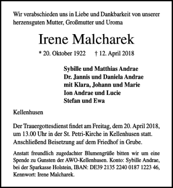 Traueranzeige von Irene Malcharek von Lübecker Nachrichten
