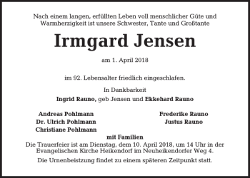Traueranzeige von Irmgard Jensen von Kieler Nachrichten / Segeberger Zeitung