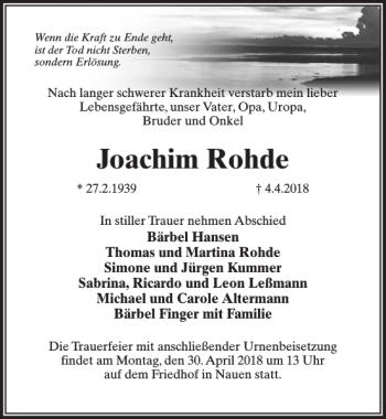 Traueranzeige von Joachim Rohde von MAZ-Trauer.de