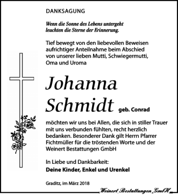 Traueranzeige von Johanna Schmidt von Torgauer Zeitung