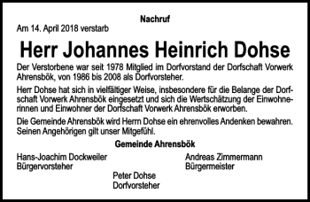 Traueranzeige von Johannes Heinrich Dohse von Lübecker Nachrichten