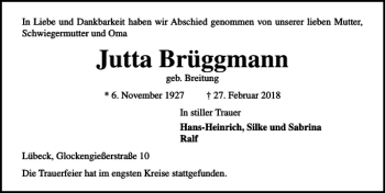 Traueranzeige von Jutta Brüggmann von Lübecker Nachrichten