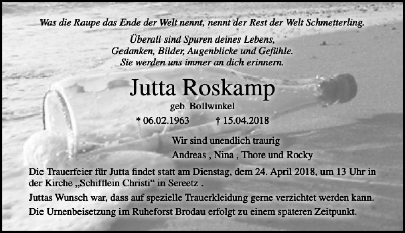  Traueranzeige für Jutta Roskamp vom 22.04.2018 aus Lübecker Nachrichten