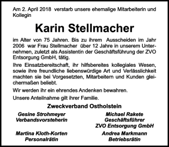 Traueranzeige von Karin Stellmacher von Lübecker Nachrichten
