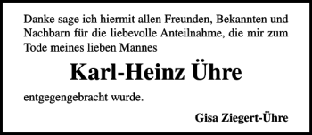 Traueranzeige von Karl-Heinz Ühre von Lübecker Nachrichten