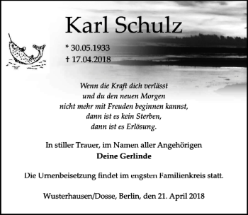 Traueranzeige von Karl Schulz von MAZ-Trauer.de