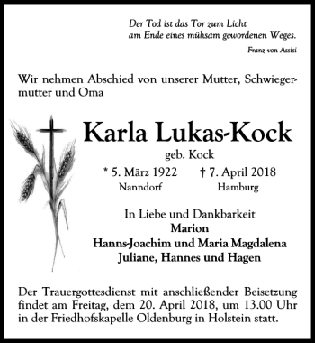 Traueranzeige von Karla Lukas-Kock von Lübecker Nachrichten