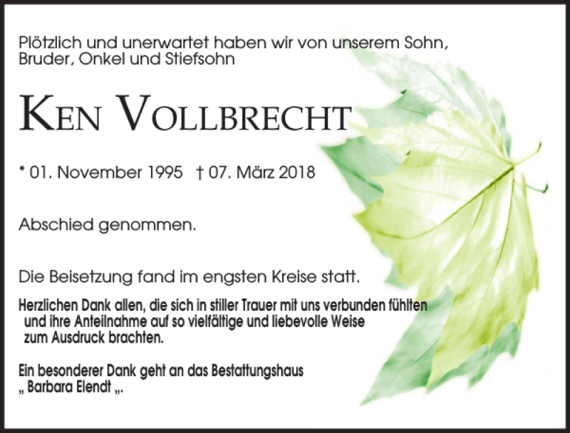 Traueranzeigen Von Ken Vollbrecht | Trauer-anzeigen.de