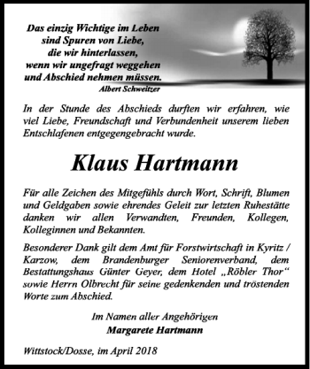 Traueranzeige von Klaus Hartmann von MAZ-Trauer.de