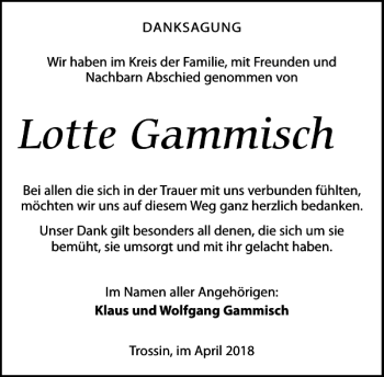 Traueranzeige von Lotte Gammisch von Torgauer Zeitung