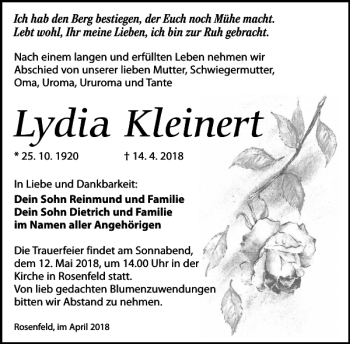 Traueranzeige von Lydia Kleinert von Torgauer Zeitung