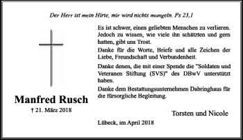 Traueranzeige von Manfred Rusch von Lübecker Nachrichten