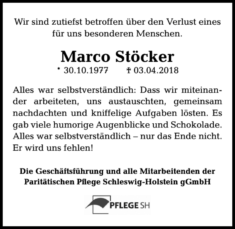  Traueranzeige für Marco Stöcker vom 07.04.2018 aus Kieler Nachrichten / Segeberger Zeitung