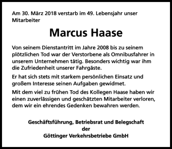 Traueranzeige von Marcus Haase von Göttinger Tageblatt