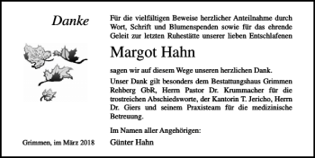 Traueranzeige von Margot Hahn von Ostsee-Zeitung