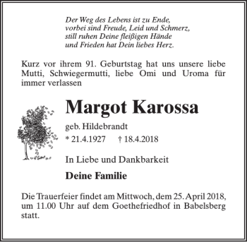 Traueranzeige von Margot Karossa von MAZ-Trauer.de