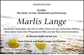 Traueranzeige von Marlis Lange von Torgauer Zeitung