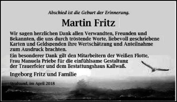 Traueranzeige von Martin Fritz von Ostsee-Zeitung