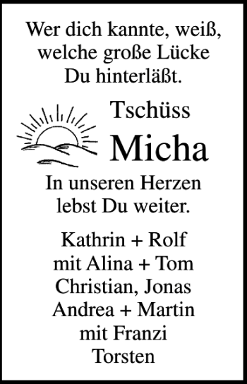 Traueranzeige von Micha  von Lübecker Nachrichten