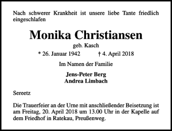 Traueranzeige von Monika Christiansen von Lübecker Nachrichten