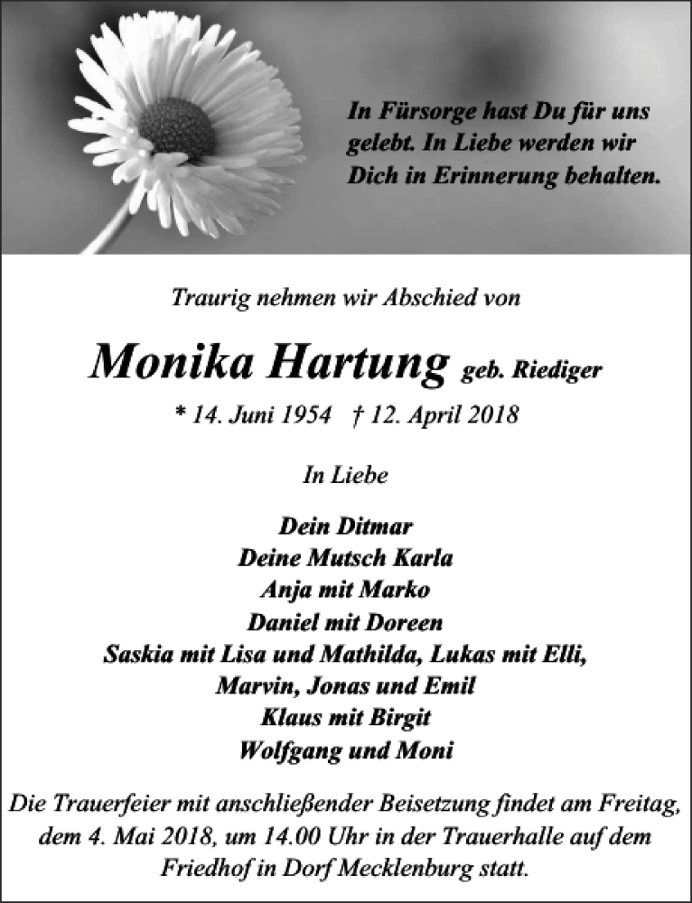  Traueranzeige für Monika Hartung vom 21.04.2018 aus Ostsee-Zeitung