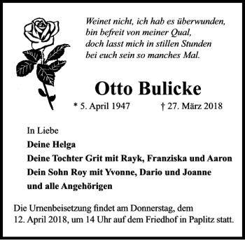 Traueranzeige von Otto Bulicke von MAZ-Trauer.de
